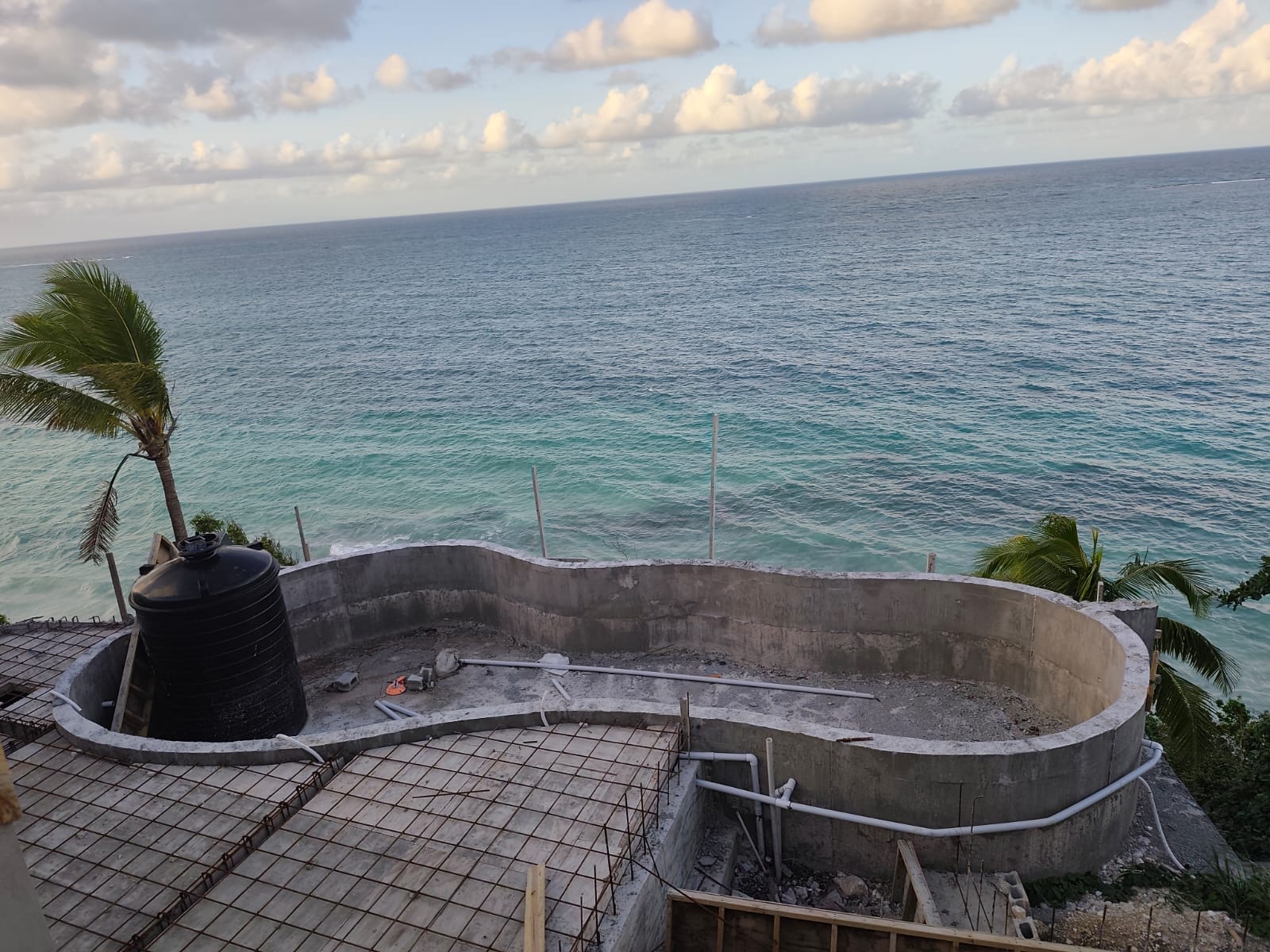Interior trusses and scaffold during framing stage